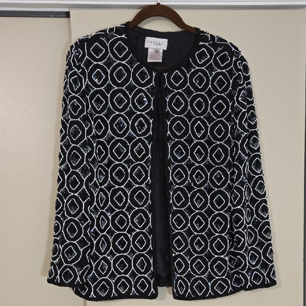 Papell Boutique Black & White Beaded/ Sequined Jacket w/ Geometric Pattern Med.